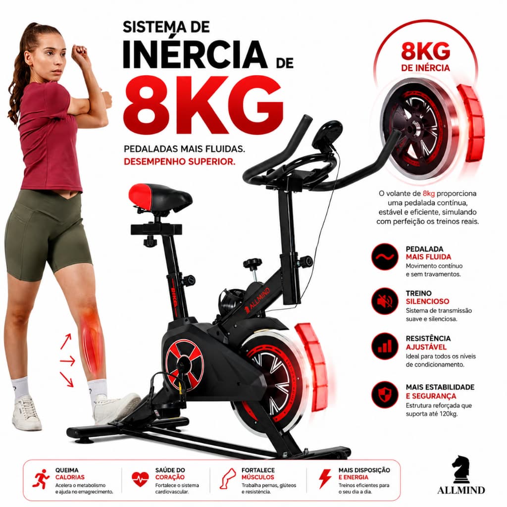 Bicicleta Spinning Ergométrica Profissional Silenciosa Roda Inércia 8kg Bike Fitness 100kg