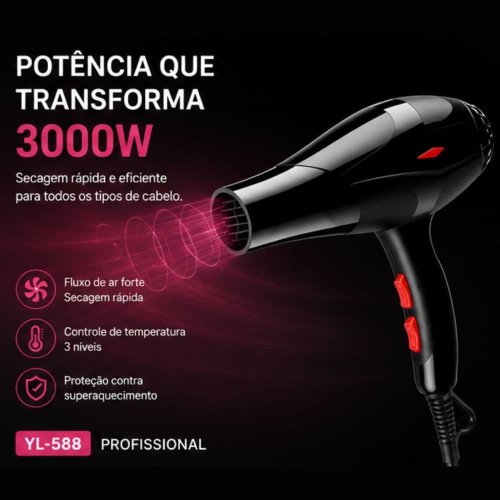 Secador de Cabelo Profissional 3000W YL-588 Potente com Ar Quente e Frio