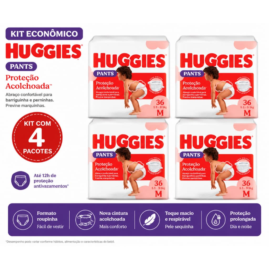 Kit Fralda Infantil  4 Pacotes Huggies Pants M 36 Un Proteção Acolchoada Original
