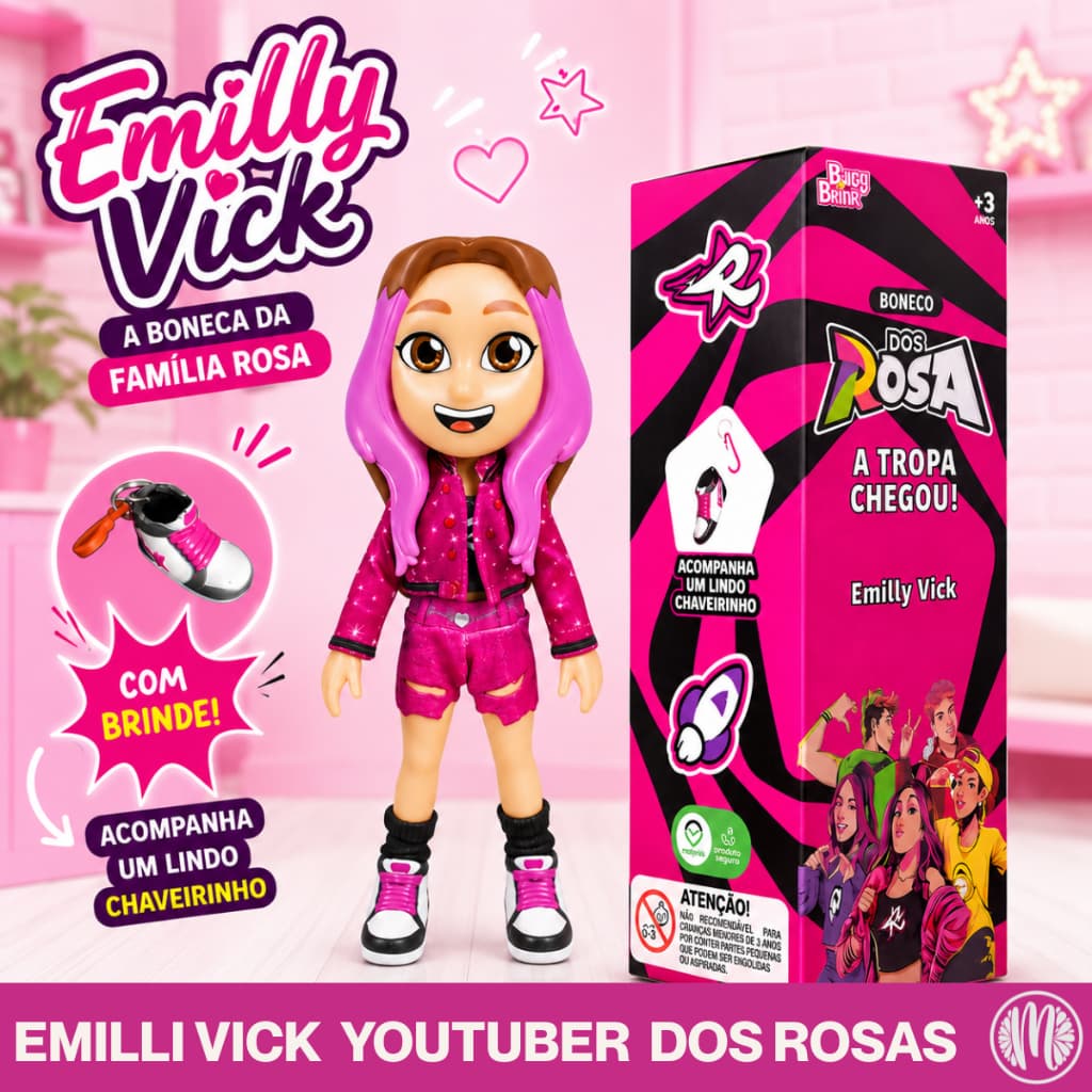 Boneca Emilly Vick Dos Rosa Youtuber 25cm Vinil Articulada