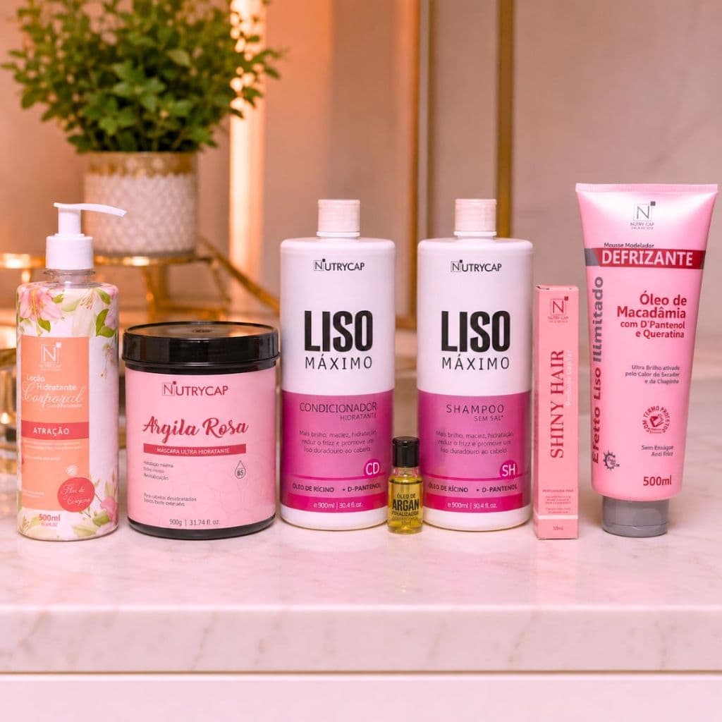 Combo Pele e Cabelo Liso 7 produtos com shampoo, condicionador, máscara, defrizante, hidratante, brinde e finalizador