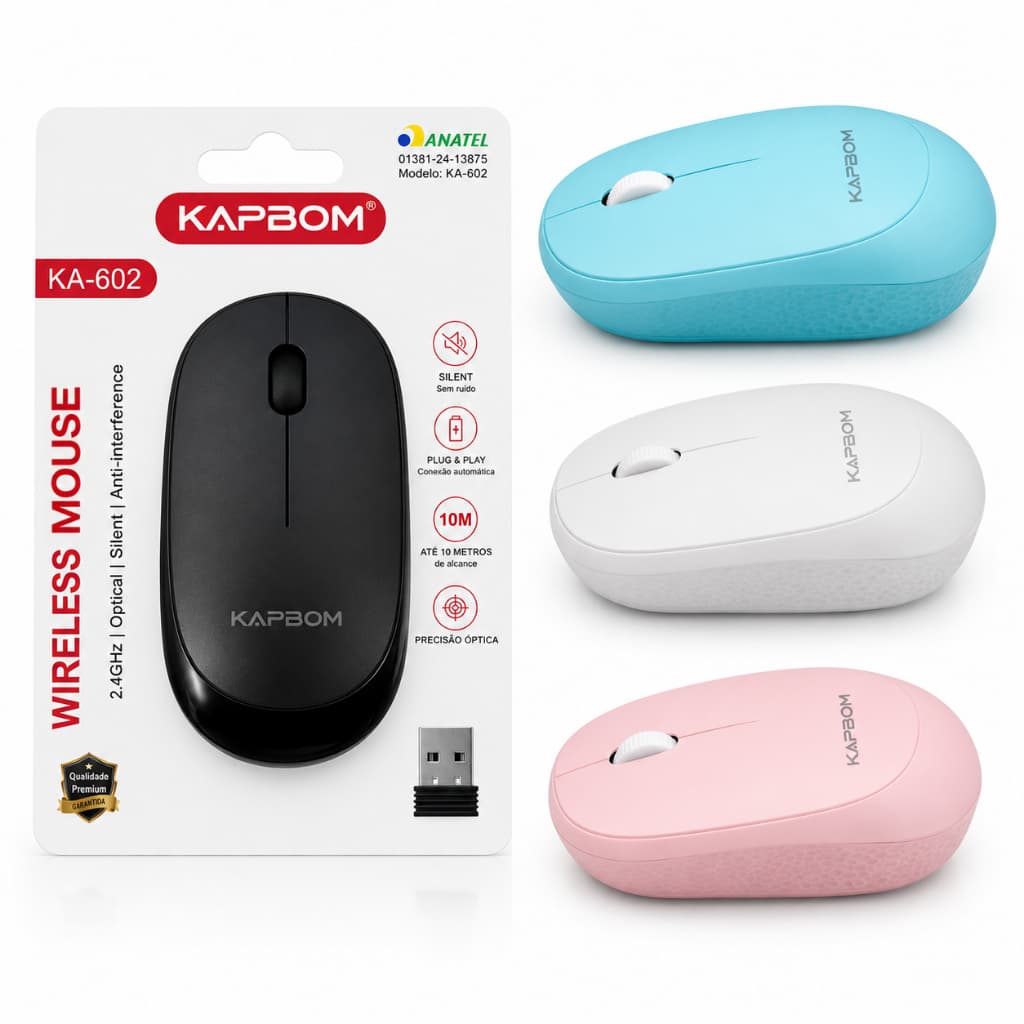 Mouse Sem Fio Kapbom KA-602 Wireless 2.4GHz 1600 DPI Silencioso Ergonômico USB Plug & Play para Notebook PC Windows