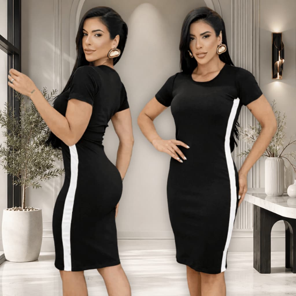 Vestido Midi Canelado Feminino Justo Manga Curta com Faixa Lateral Modelador Casual Elegante