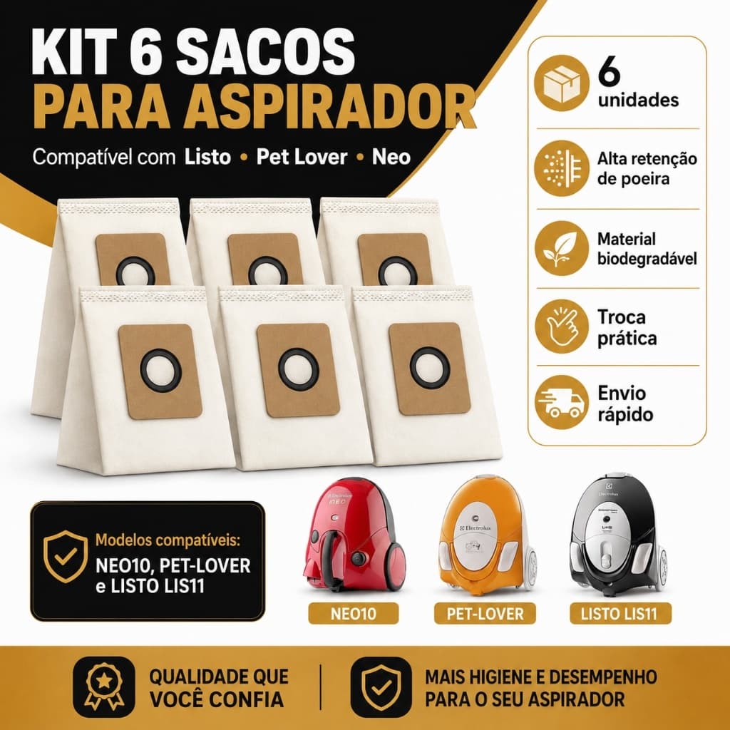 Saco de Aspirador de Pó Listo, Pet Lover e Neo Kit Com 6 Unidades