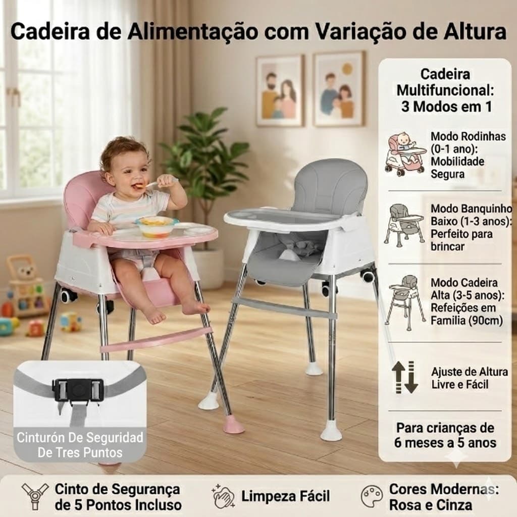 Cadeira de Alimentação Infantil 4 Em 1 Portátil Com Bandeja Removível Ajustável Multiuso Para Bebê 6 Meses a 4 Anos