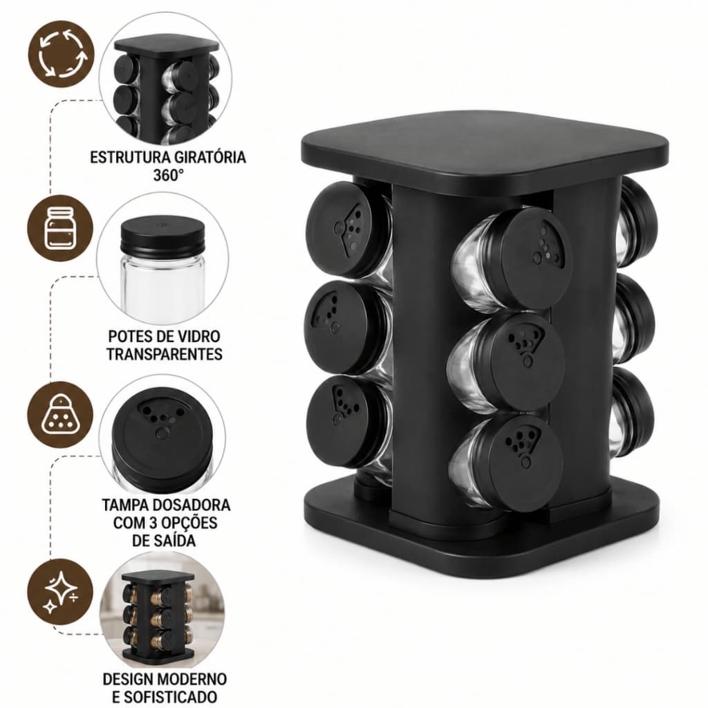 Porta Condimentos Giratório 12 Potes 85ml Organizador de Temperos Preto para Cozinha Moderno