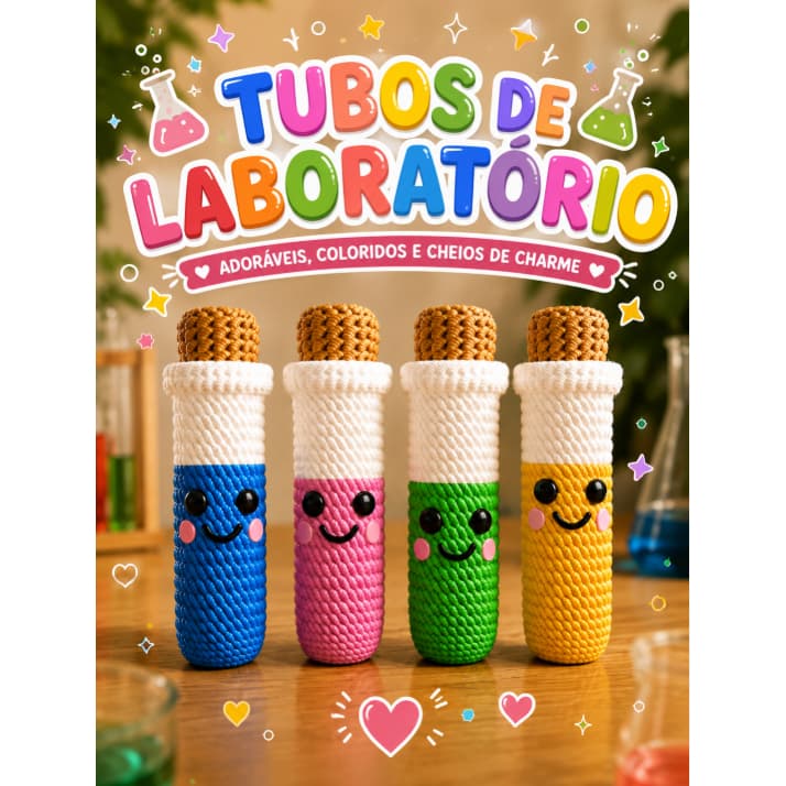 Tubos De Ensaio Laboratório Decoração Estilo Crochê Amigurumi 3D – Kit C/ 4 Com Ou Sem Suporte