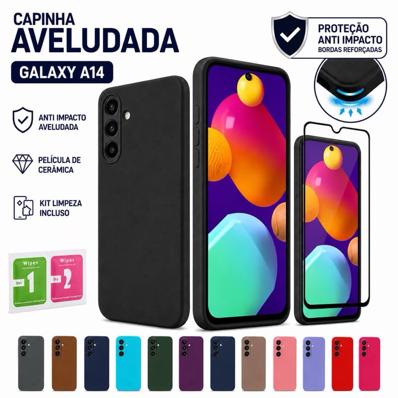 Capinha Capa Samsung Galaxy A14 4G/5G Anti Impacto Aveludada + Película de Cerâmica