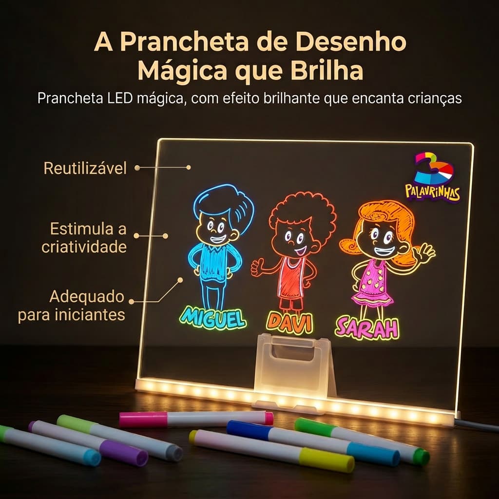 Lousa Mágica LED 30x20cm + 12 Canetas Coloridas - Brinquedo Educativo Infantil, Superfície Apagável