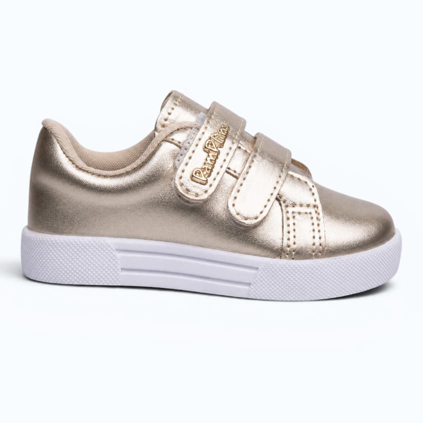 Tênis Infantil Feminino Casual Calce Fácil Velcro Dourado Confortável Antiderrapante Leve