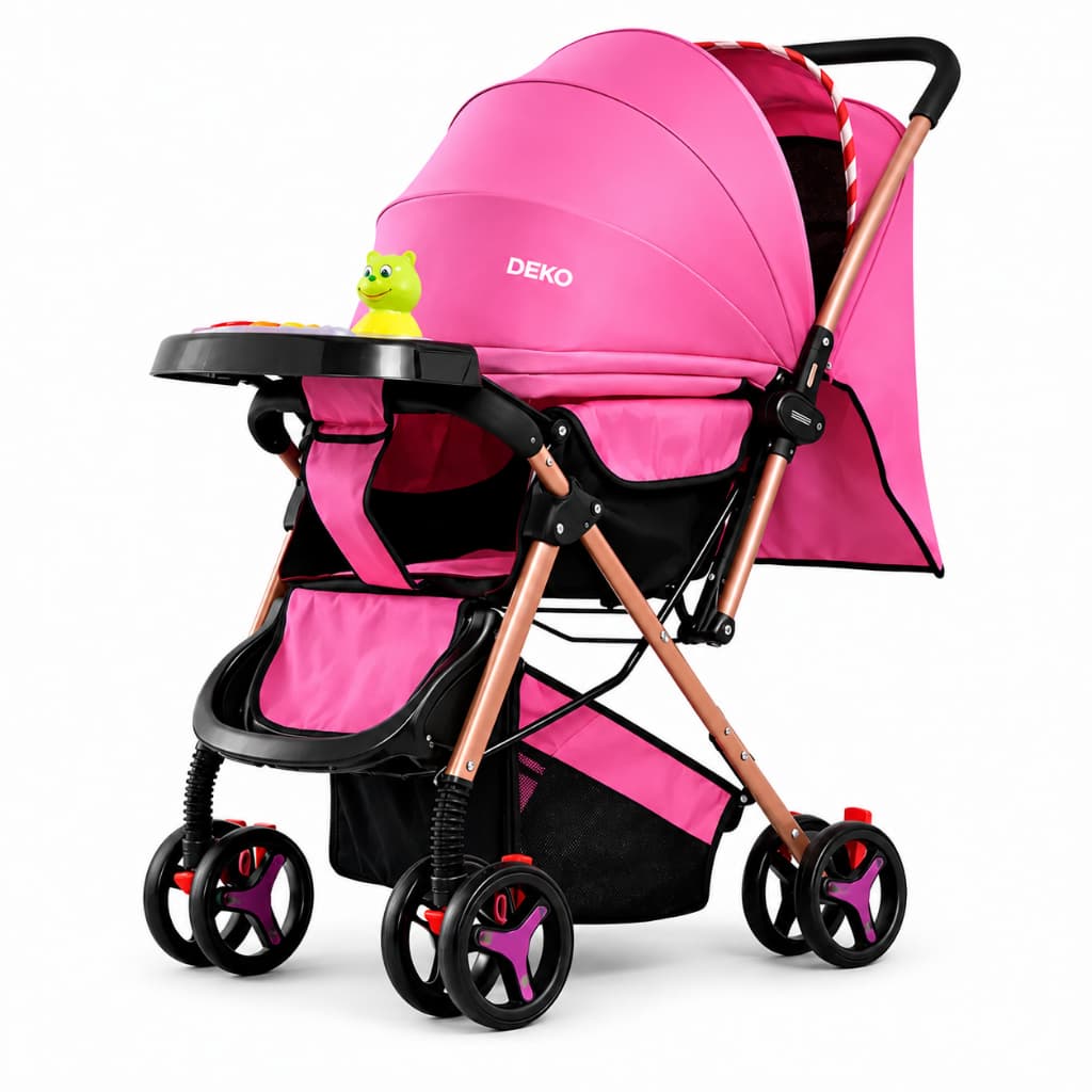 Carrinho de Bebê Rosa Feminino com Capota Retrátil Bandeja Musical Rodas 360° e Cesto Porta Objetos