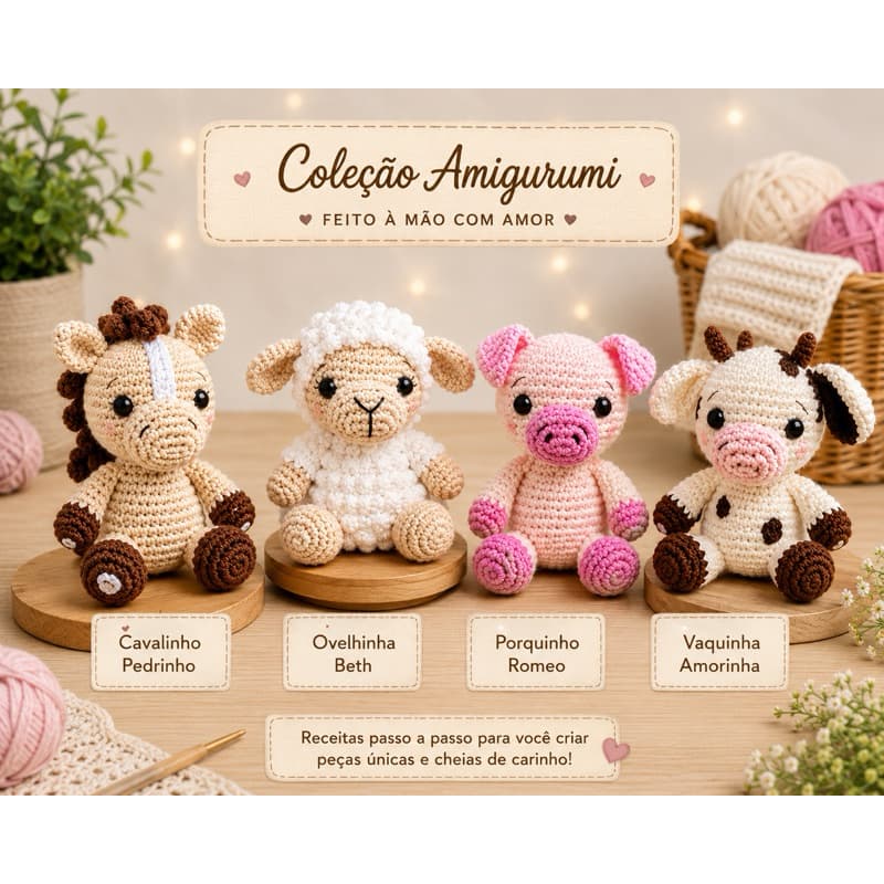Kit Amigurumi Fazendinha Crochê – Cavalo, Ovelha, Porco e Vaca | Artesanal Fofo Decoração ou Presente