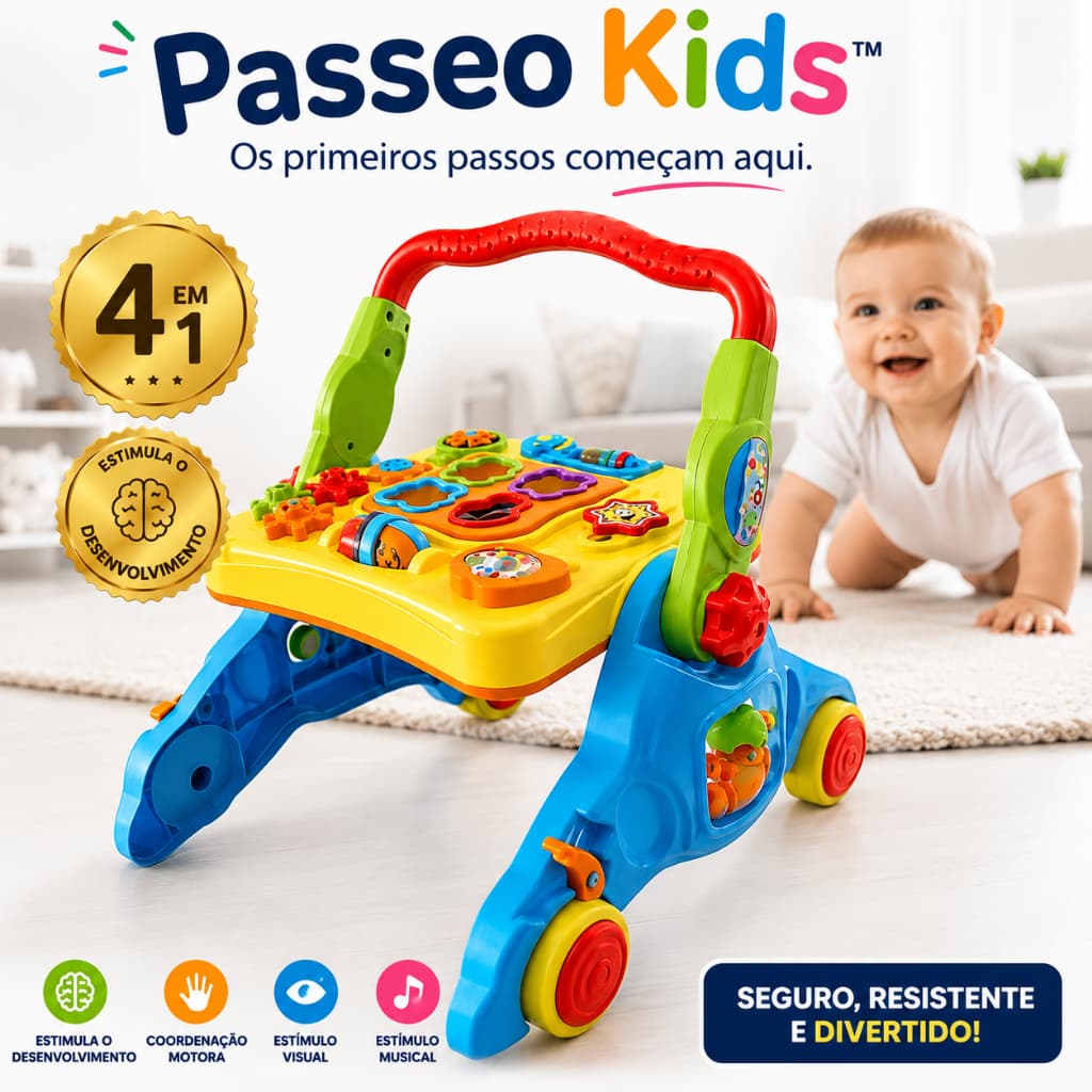 Andador Musical Infantil Com Mesa Didática Multifuncional Estimulante 4 Em 1 Para Bebês