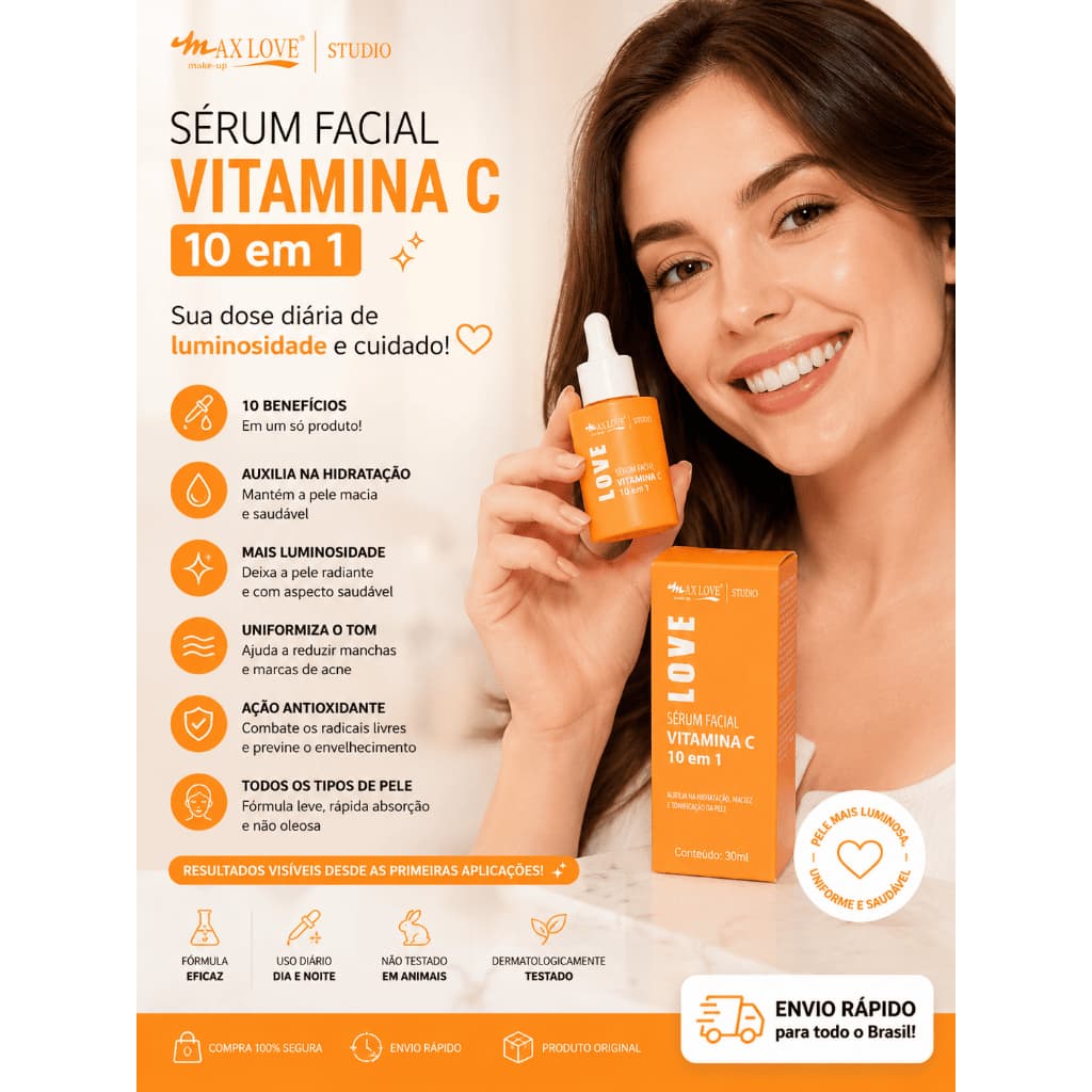 Sérum Facial Vitamina C 10 em 1 Max Love | Clareador Facial + Anti Manchas + Hidratante + Antiidade