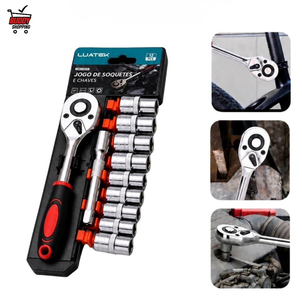 Jogo De Chave Catraca E Soquetes 12 Peças 1/4 Sextavado Com Extensor 4-13mm Profissional Luatek LWJ-175