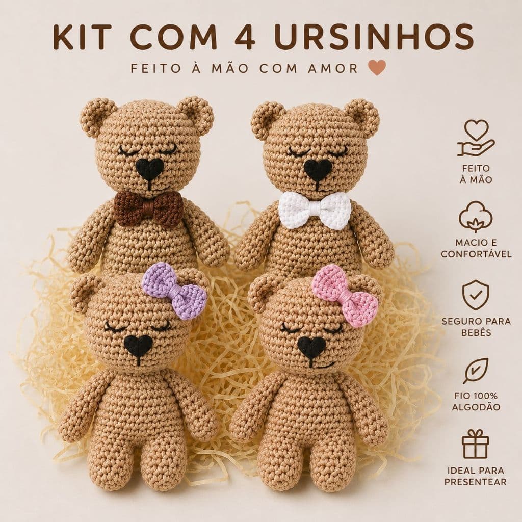 Kit Com 4 Ursinhos | Amigurumi Crochê Bebê Lembrancinha Decoração