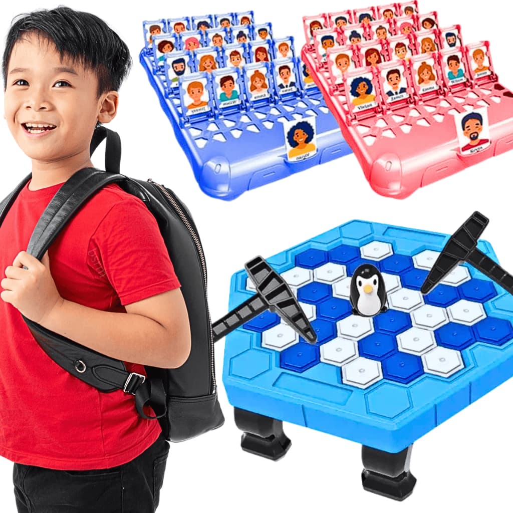 Kit Jogo De Mesa Família Quem Sou Eu + Pinguim Quebra Gelo fria Portátil Infantil presente brinquedo