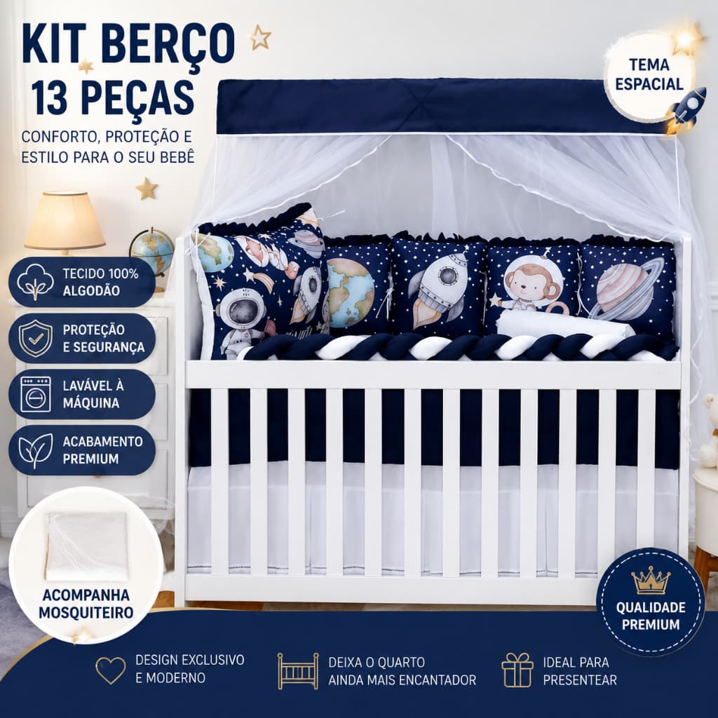Kit de Berço Completo 13 Peças com Mosquiteiro e Trança Lateral – Jogo de Enxoval para Bebê