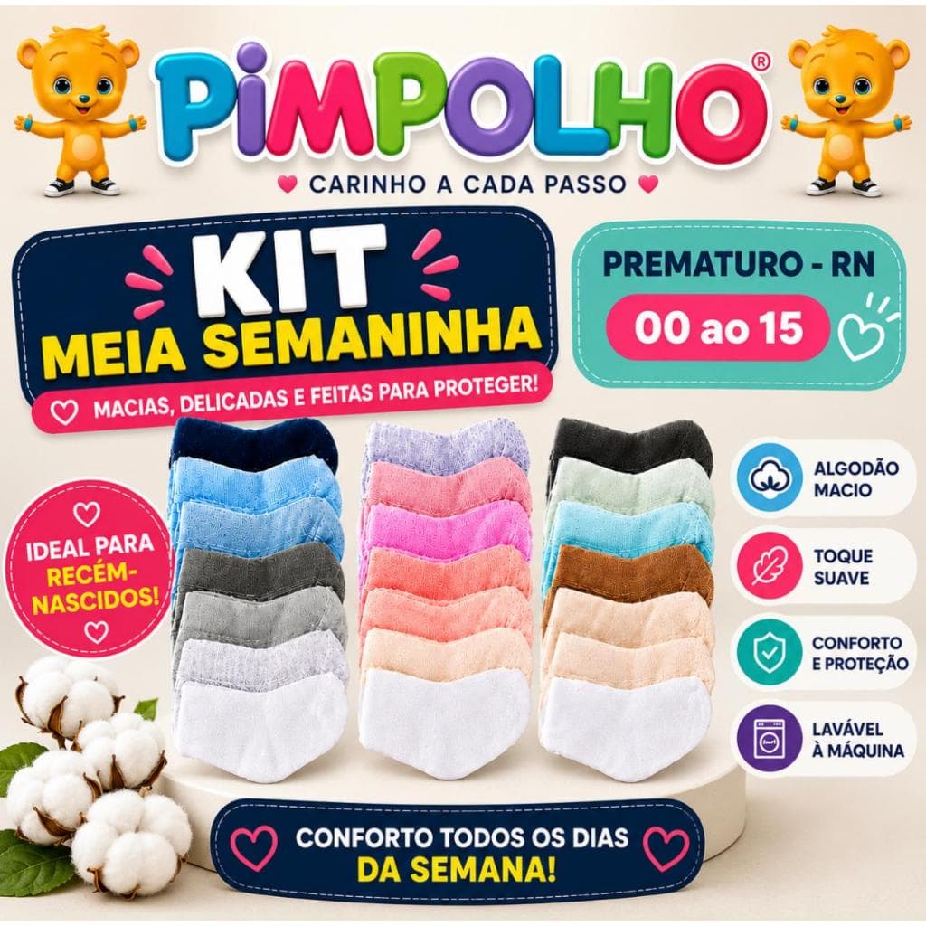 Kit Meia Bebê Semaninha 7 Pares RN Prematuro 00 a 15 Enxoval PIMPOLHO