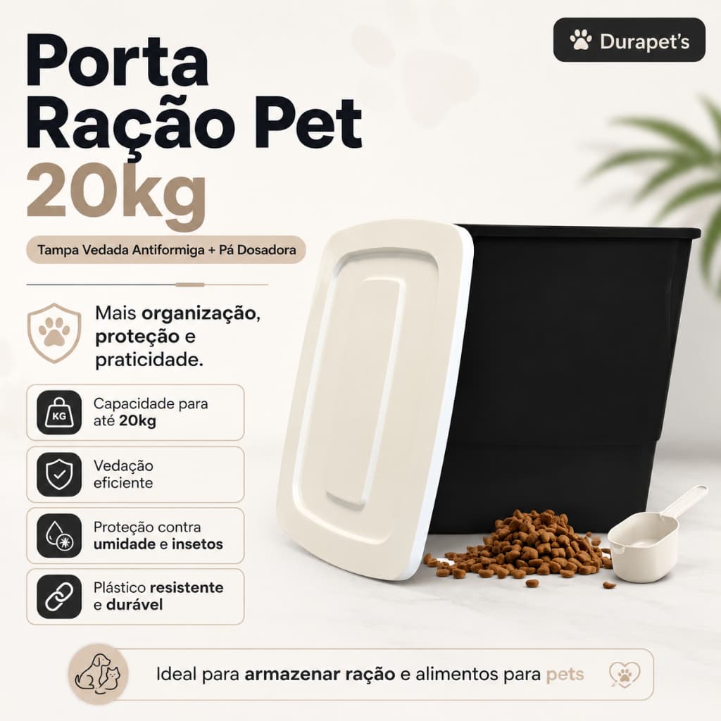 Container Porta Ração 20kg Pote Tampa Vedada Antiformiga + Pá Dosadora Pet Gato Cachorro