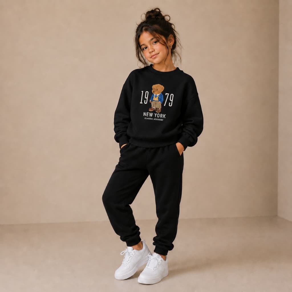 Conjunto Moletom Infantil Urso Fofo 1979 Blusa de Frio Estiloso Americano Quentinho Flanelado