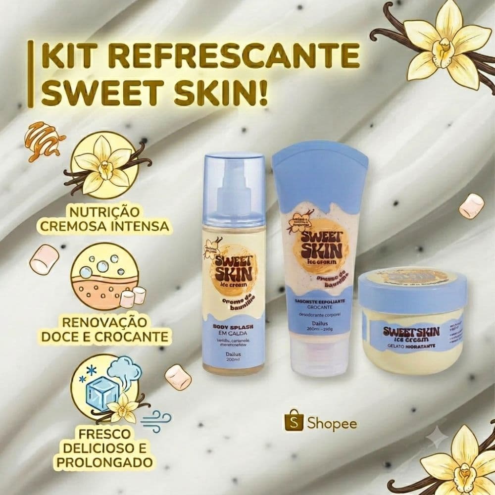 Sweet Skin Dailus Creme de Baunilha Doce Corporal Body Splash, Creme Hidratante e Esfoliante Escolha