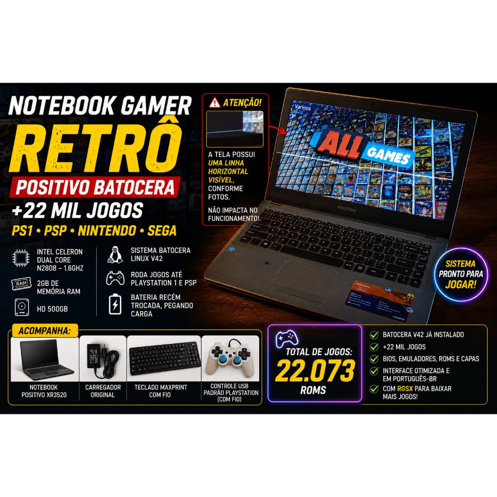 Notebook Gamer Retrô Positivo Batocera +22 Mil Jogos PS1 PSP Nintendo Sega