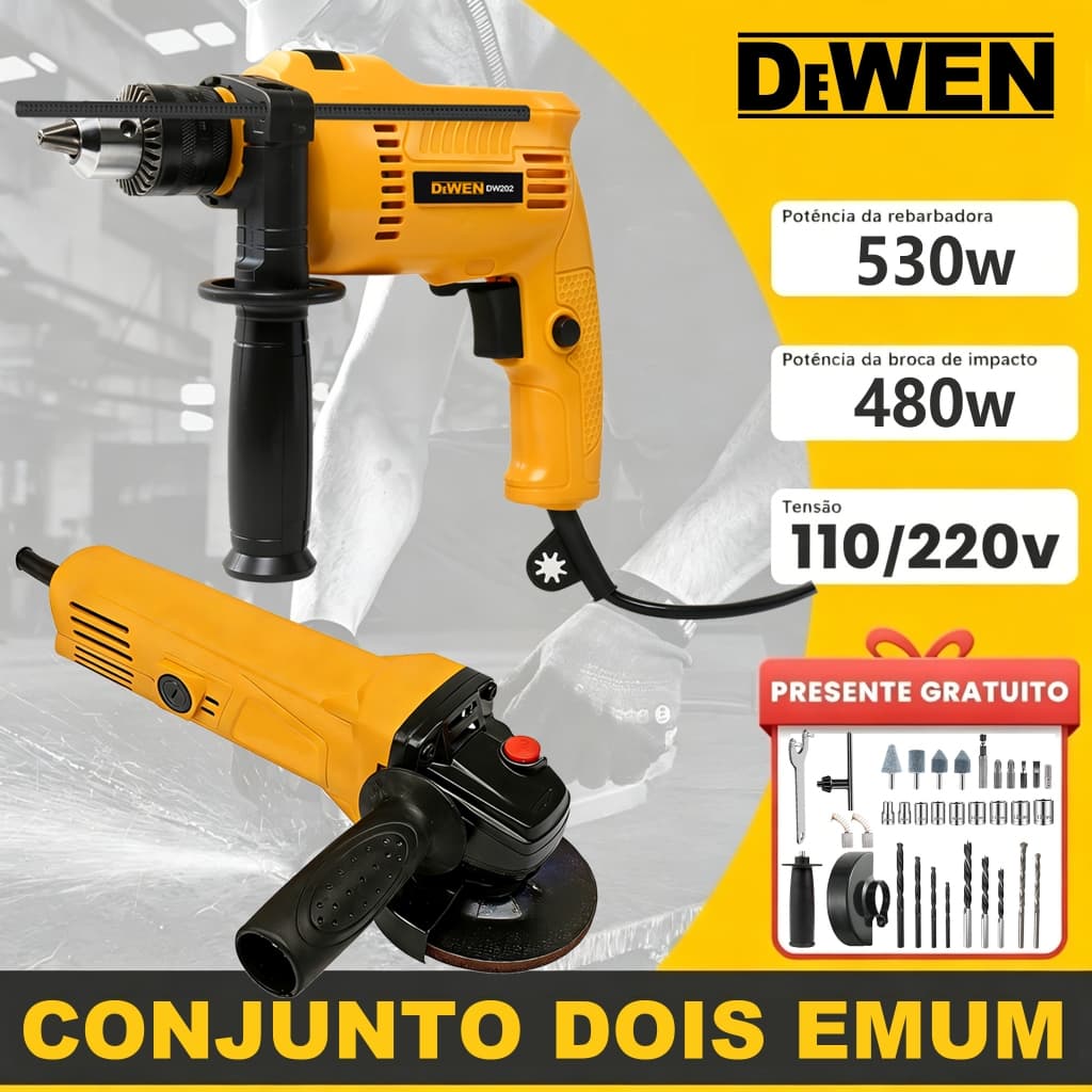 Kit Furadeira Parafusadeira 480W+Esmerilhadeira 530W 34pçs Com Maleta e Acessórios Promoção Profissional Ergonômico
