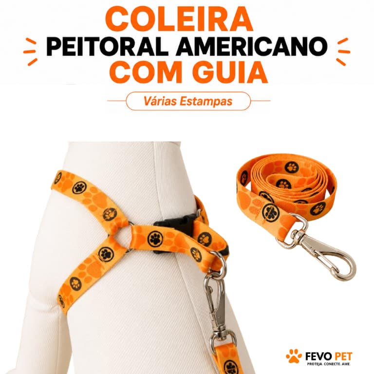 Coleira Peitoral Americano com Guia | Kit Coleira + Guia para Cachorro e Gato | Estampas Diversas
