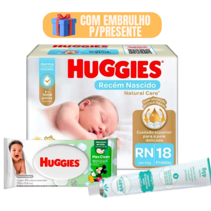Kit de Higiene Bebe Fralda Descartável Huggies Pomada de assadura e Lenços Umedecidos Barato