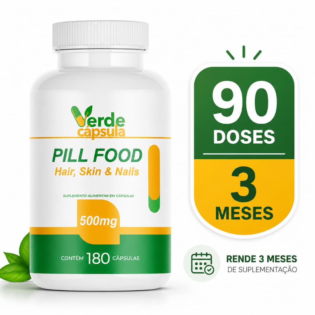 PILL FOOD Turbinado 180 Cápsulas - Vitamina Para Cabelo e Unhas - Suplemento Capilar Verde Cápsula