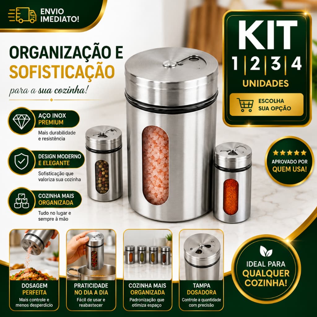 Porta Tempero Inox com Visor 1/2/3/4 Transparente Tampa Dosadora Saleiro Pimenteiro Multiuso Organizador de Cozinha