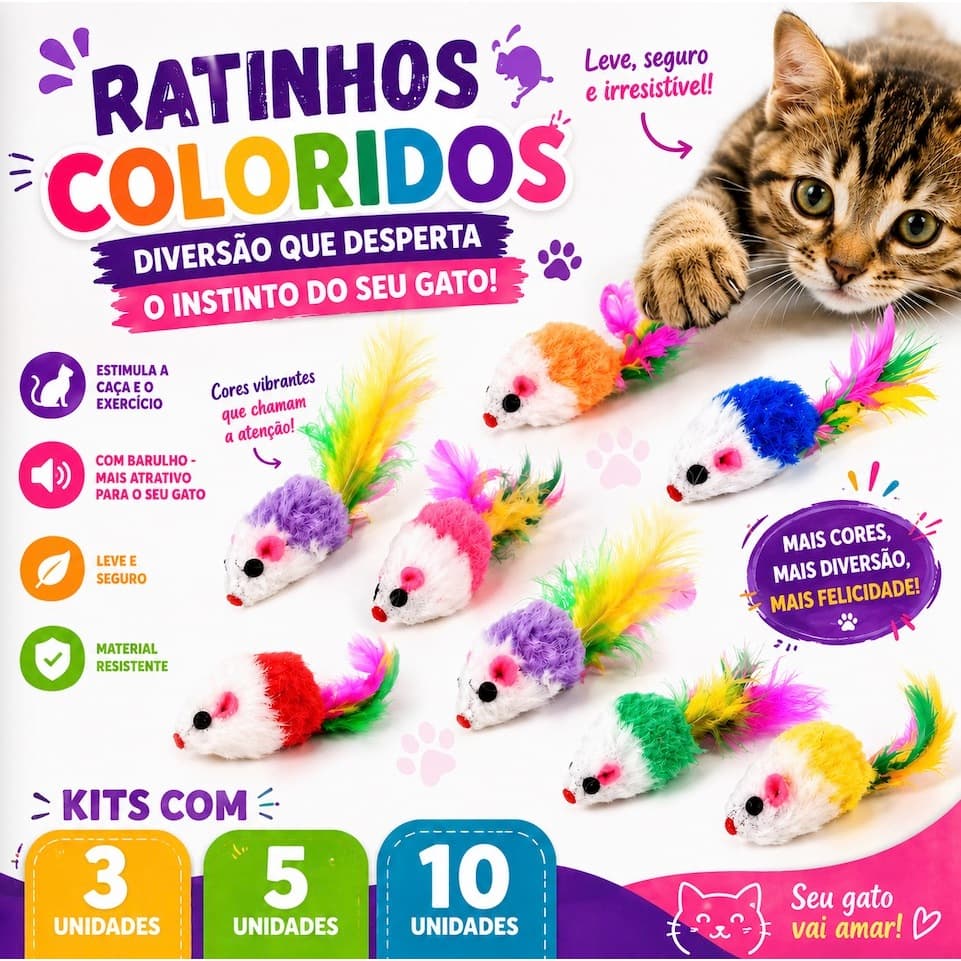 Kit Ratinhos Brinquedos Para Gatos Penas Coloridas Cores Sortidas