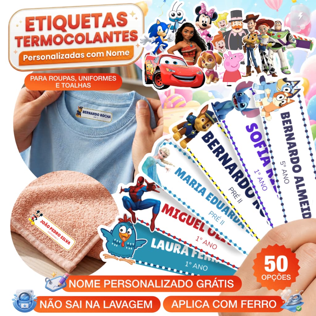 Kit Etiqueta DTF Termocolante Personagens Infantil Nome Uniforme Escolar Roupa Meia Toalha Personalizada Aplicação Ferro
