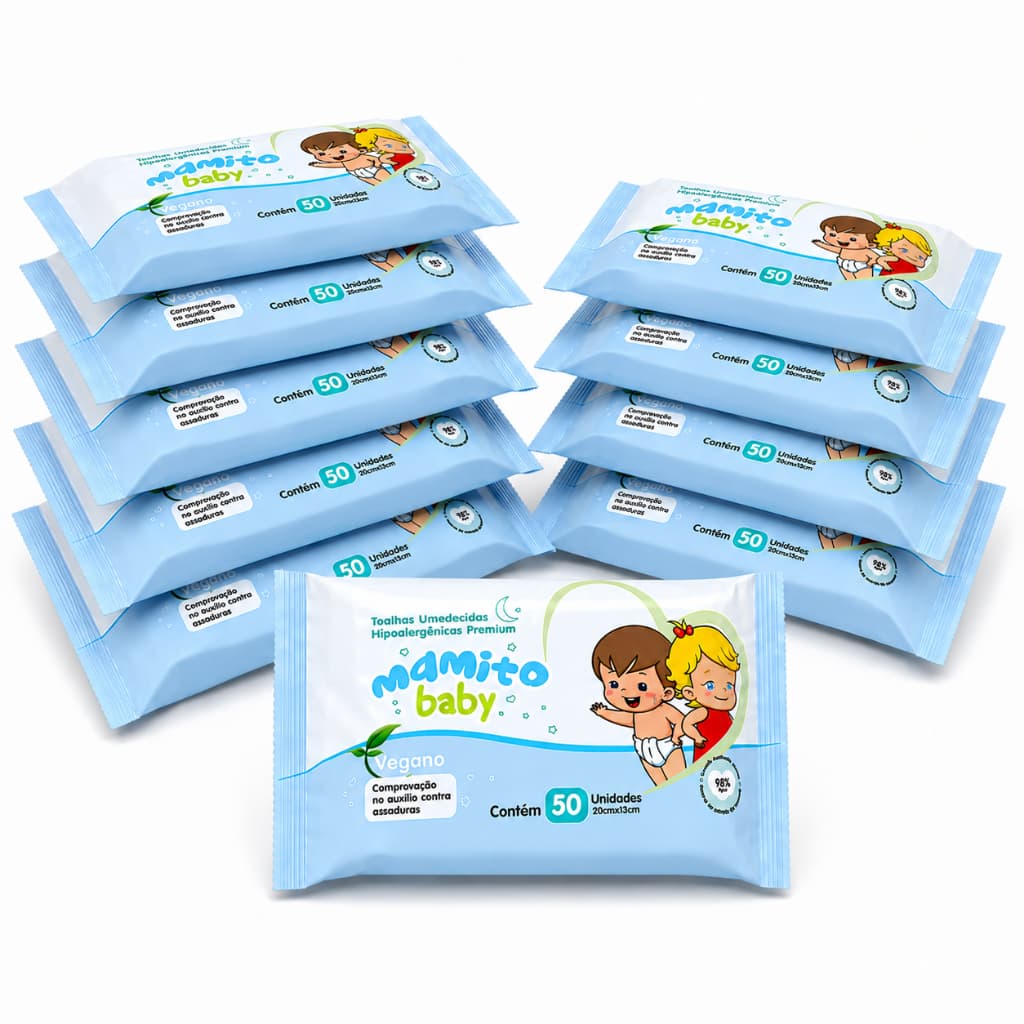 Kit 10Toalhas Umedecidas Mamito Baby 50 Folhas 98% Água Vegano Lenço Umedecido