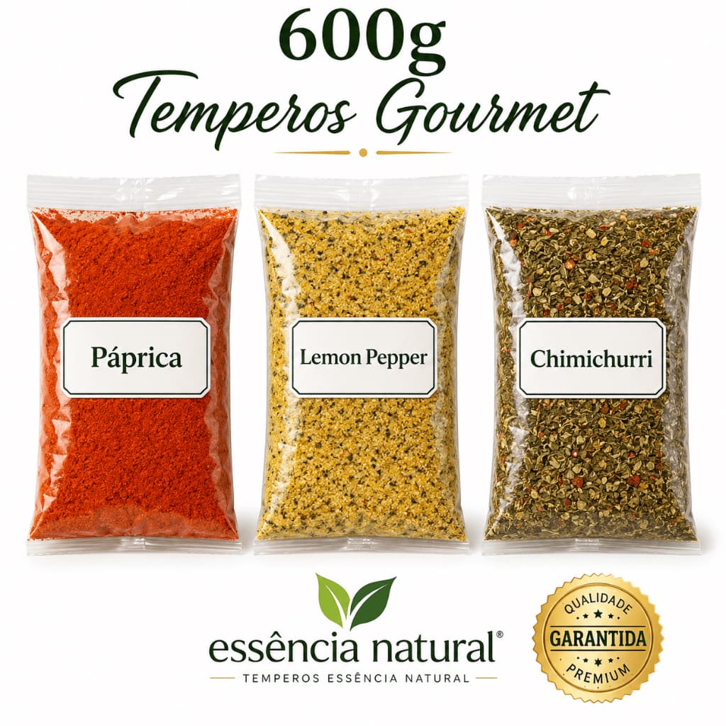 Kit Temperos 600g Páprica Defumada Lemon Pepper Chimichurri  para Carnes Frango Peixes Massa e Arroz
