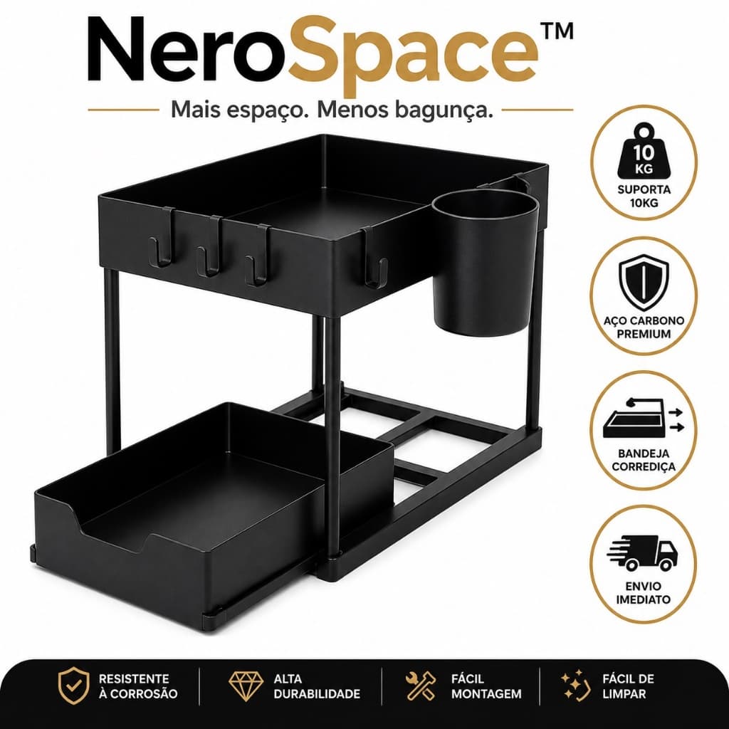 Organizador Multiuso 2 Níveis Bandeja Corrediça Aço Carbono Preto NeroSpace™ Para Cozinha Banheiro Lavanderia