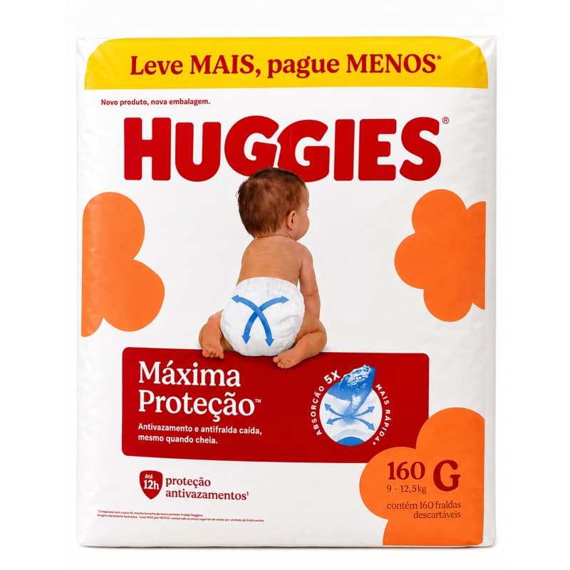 fraldas descartáveis Huggies Máxima proteção Tamanho G com 160 unidades