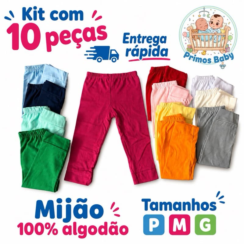 Kit Mijão Calça Bebê com 10 peças Algodão 100% Unissex Enxoval Menino Menina