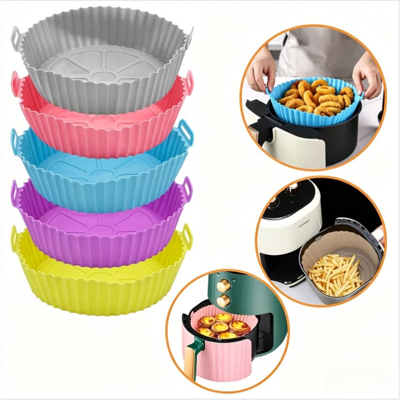 Bandeja Redonda de Silicone Antiaderente para Fritadeira Sem Óleo, Reutilizável Resistente ao Calor com Alças