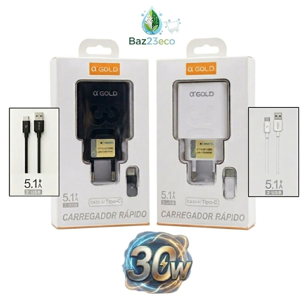 Kit Carregador de Celular Turbo 30W A'GOLD CA32-3 + Cabo USB Tipo-C | Fonte 5.1A com 2 Entradas USB Carregamento Rápido