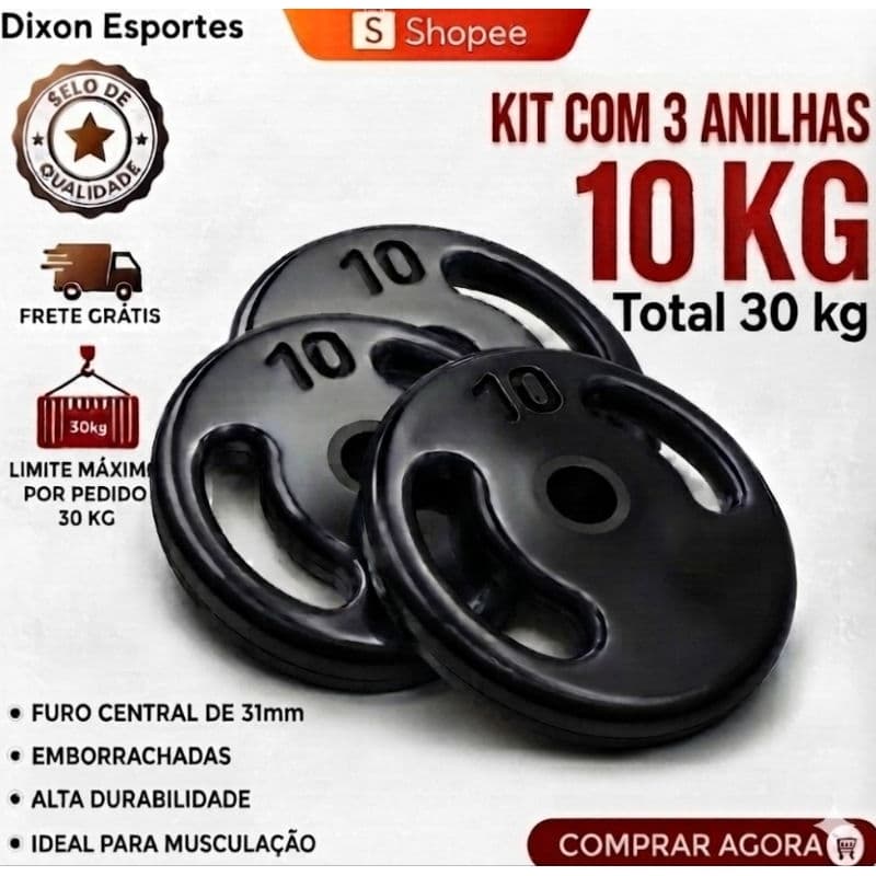 Kit 3 Anilhas 10kg Emborrachadas(30kg) Academia Musculação treinos Pronta Entrega Envio imediato