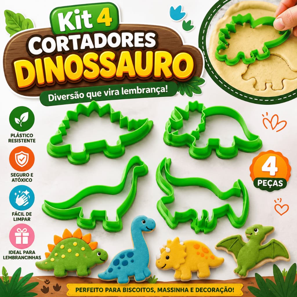 Kit 4 Cortadores de Biscoito Dinossauro – Molde para Massa, Pão e Massinha de Modelar – Kit Dino Culinária Infantil