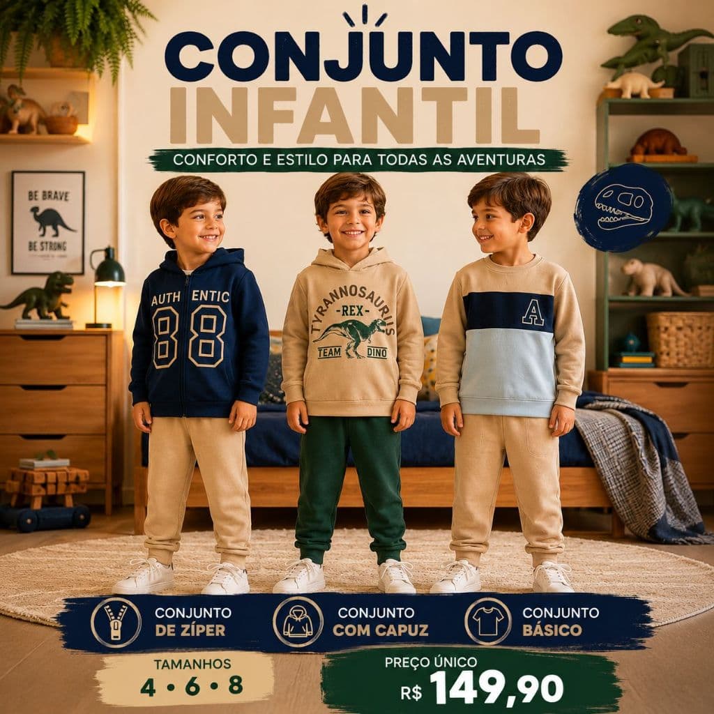 kit 3 Conjuntos Infantil Moletom Algodão Pelúcido Menino 1 Conjunto de Zíper 1Conjunto Capuz 1Basico Conjunto