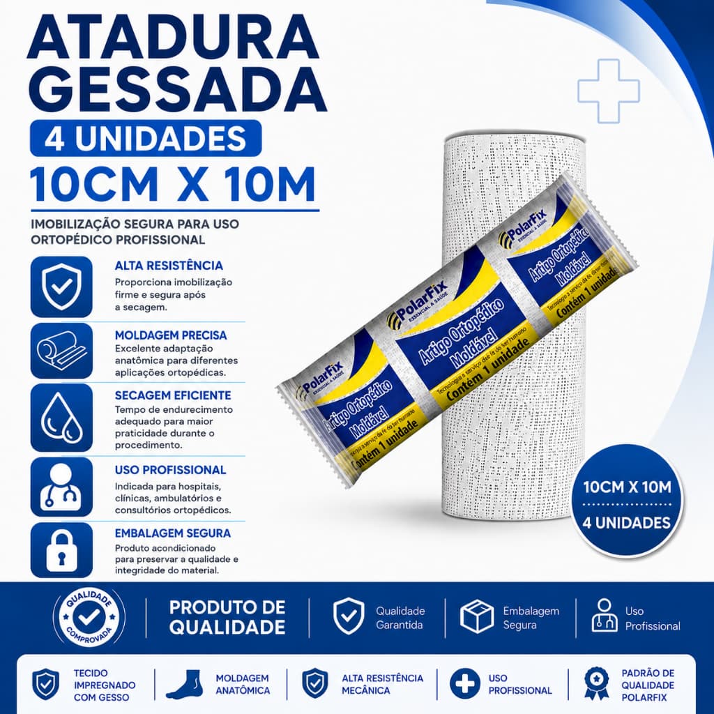 Atadura Gessada 10cm x 3m – Imobilização Ortopédica - C/4 Unidades - Polar Fix