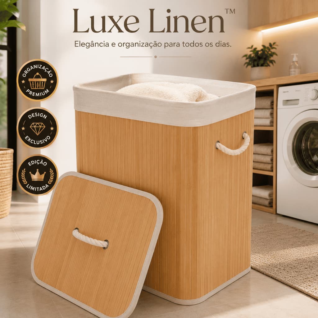 Cesto Bambu Grande Capacidade 70 Litros Organizador Lavanderia Banheiro Com Alcas Tampa