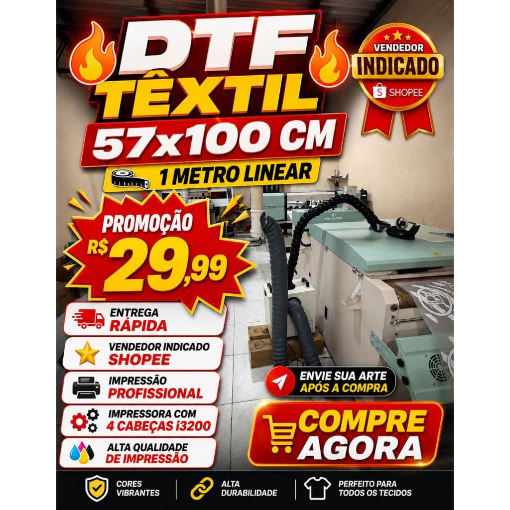 DTF Têxtil 1 Metro Linear 57x100cm – Impressão de Alta Qualidade e Envio Rápido