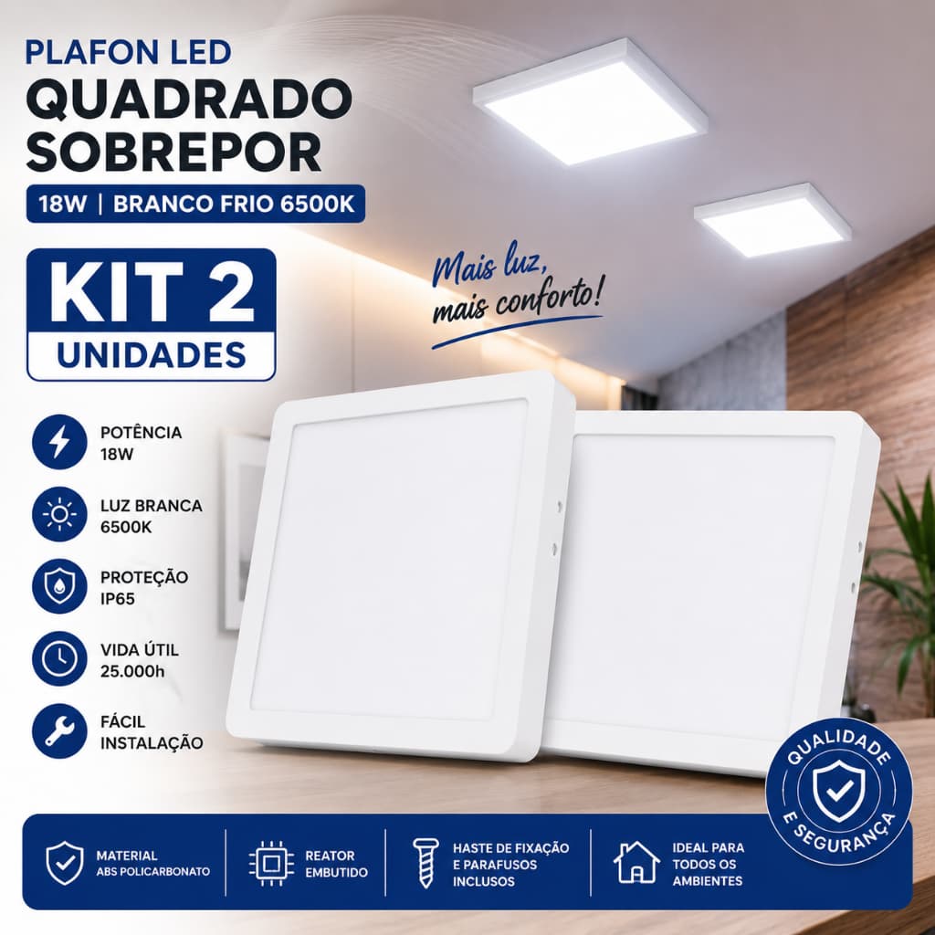 Kit 2 Painel Led Plafon 18w Sobrepor Luminária Branco Frio 6500k Bivolt Luz Forte