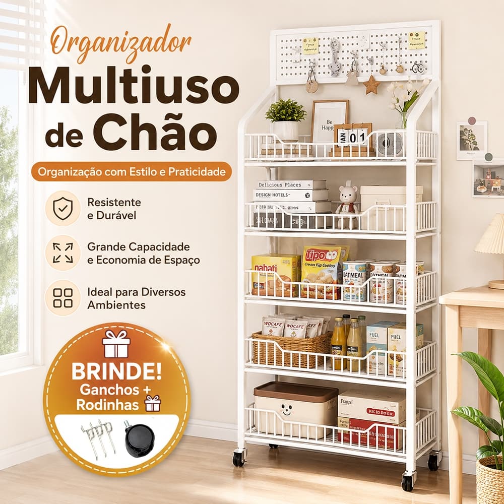 Carrinho Organizador Multiuso De Chão Com Rodinhas E Painel Perfurado Prateleira Em Aço Para Cozinha E Quarto