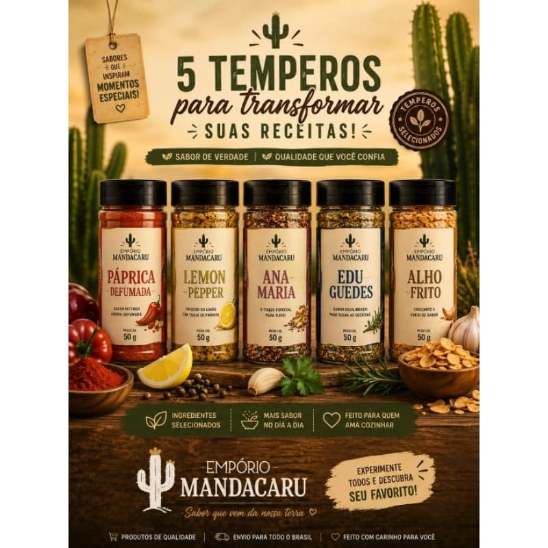 Kit 5 Temperos Gourmet Empório Mandacaru | Páprica Defumada, Lemon Pepper, Alho Frito e Mais